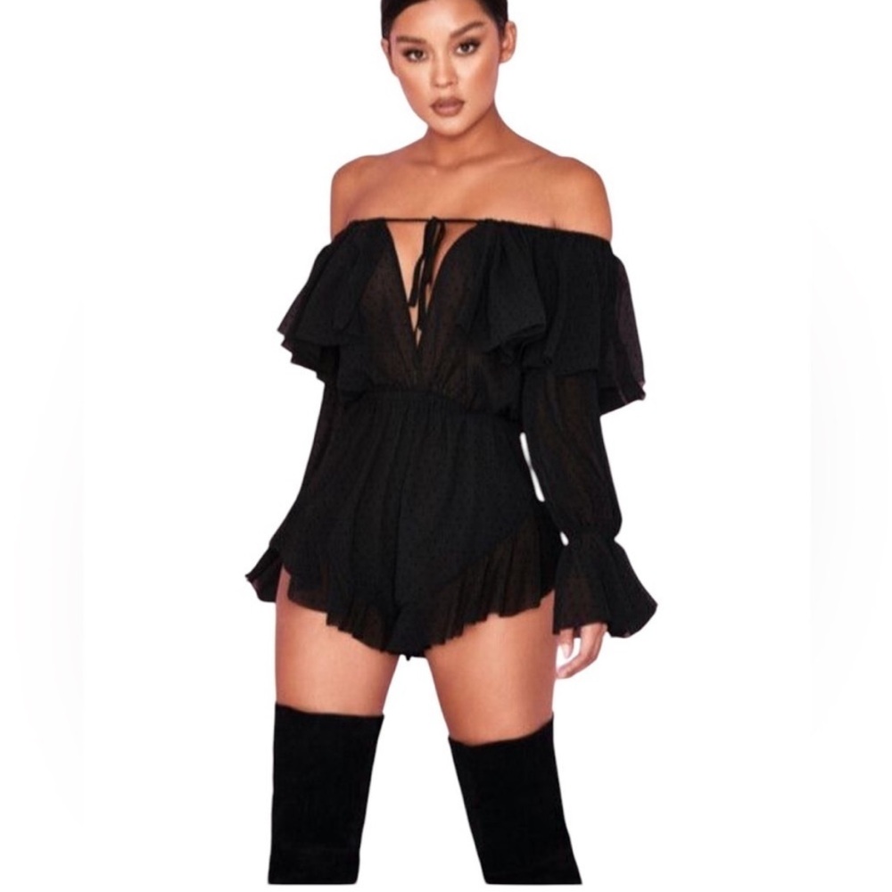 House of CB - Black 'Ramona' Playsuit, Size Small, Black Semi Sheer Swiss Dot